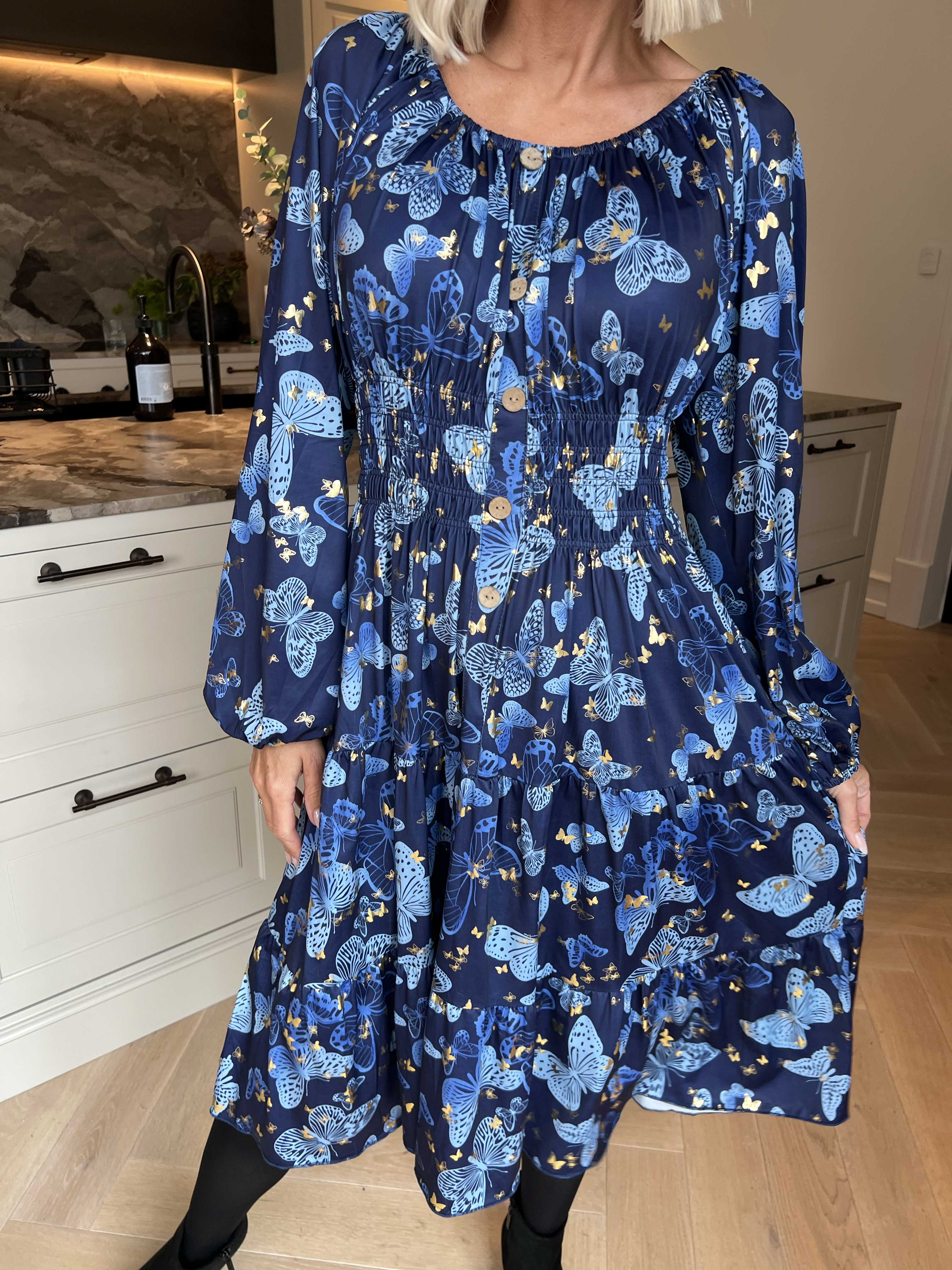 Tea Butterfly L/S - Klänning med resår i midjan och fjärilstryck